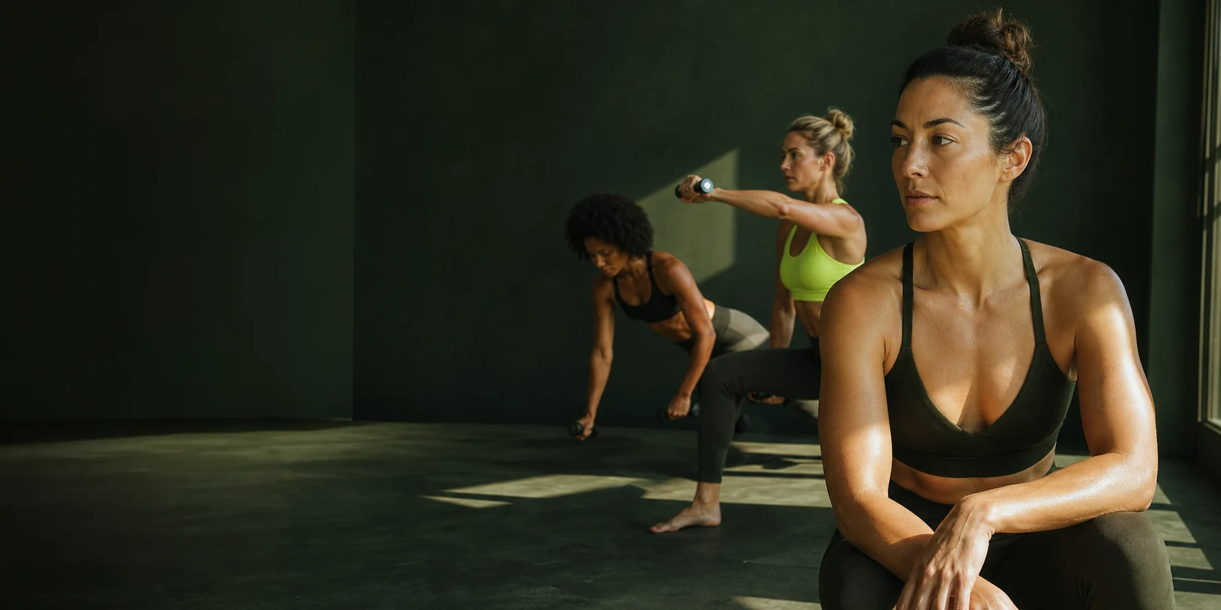Campaña conceptual de HolyHaus: tres mujeres combinan entrenamiento y pausa en un estudio verde.